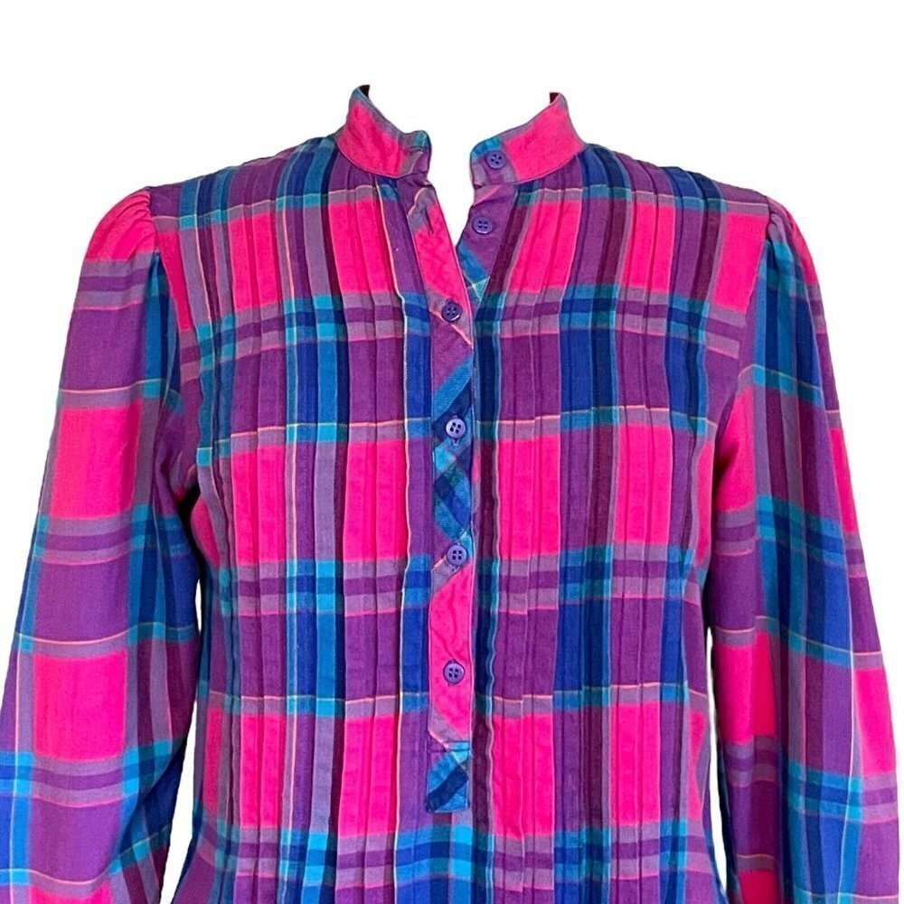 Matti Sport Vintage 1980s Cottagecore Midi Dress Flannel Plaid Puff Sleeve Sz 8 - Picture 5 of 10